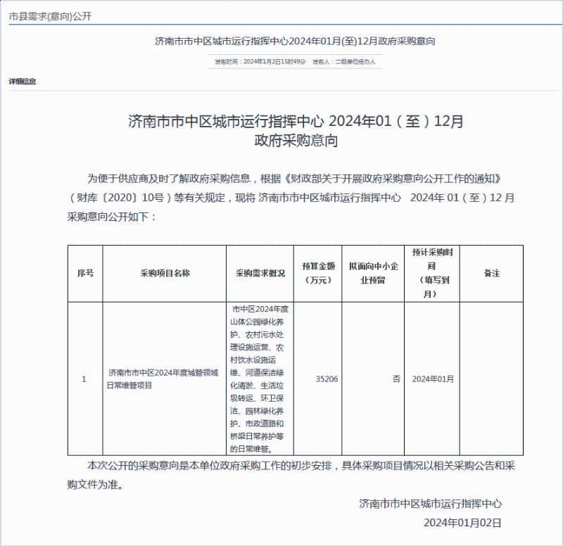 玉龙环保：济南市市中区2024年度城管领域日常维管项目